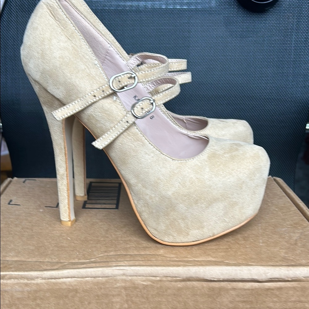 Chic Beige Double Strap Heels - image 1